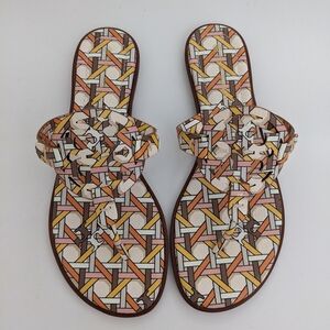 EUC! Tory Burch Miller Welt Sandal Printed Tumbled Leather Pink Caning Geo SZ 8